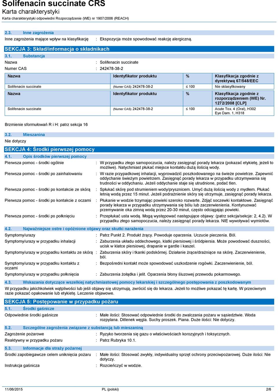 Substancja Nazwa : Solifenacin succinate Numer CAS : 242478-38-2 Nazwa Identyfikator produktu % Klasyfikacja zgodnie z dyrektywą 67/548/EEC Solifenacin succinate (Numer CAS) 242478-38-2 100 Nie