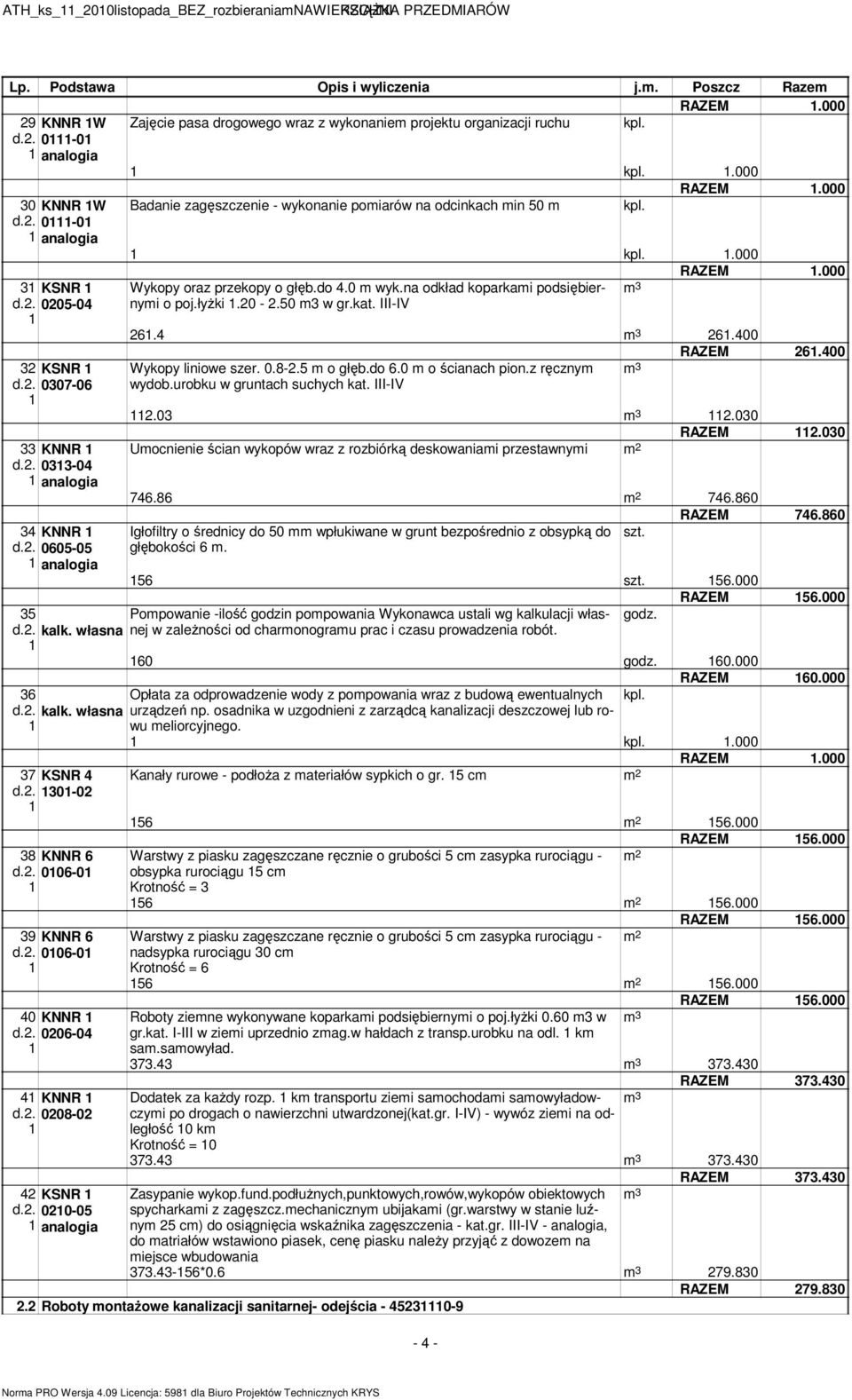 do 4.0 wyk.na odkład koparkai podsiębiernyi 3 d.. 005-04 o poj.łyżki.0 -.50 3 w gr.kat. III-IV 6.4 3 6.400 3 KSNR d.. 0307-06 33 KNNR d.. 033-04 analogia 34 KNNR d.
