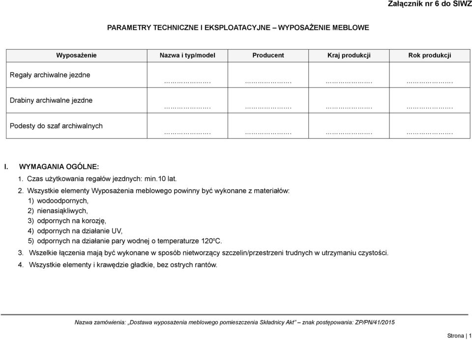 Wszystkie elementy Wyposażenia meblowego powinny być wykonane z materiałów: 1) wodoodpornych, 2) nienasiąkliwych, 3) odpornych na korozję, 4) odpornych na działanie UV, 5)