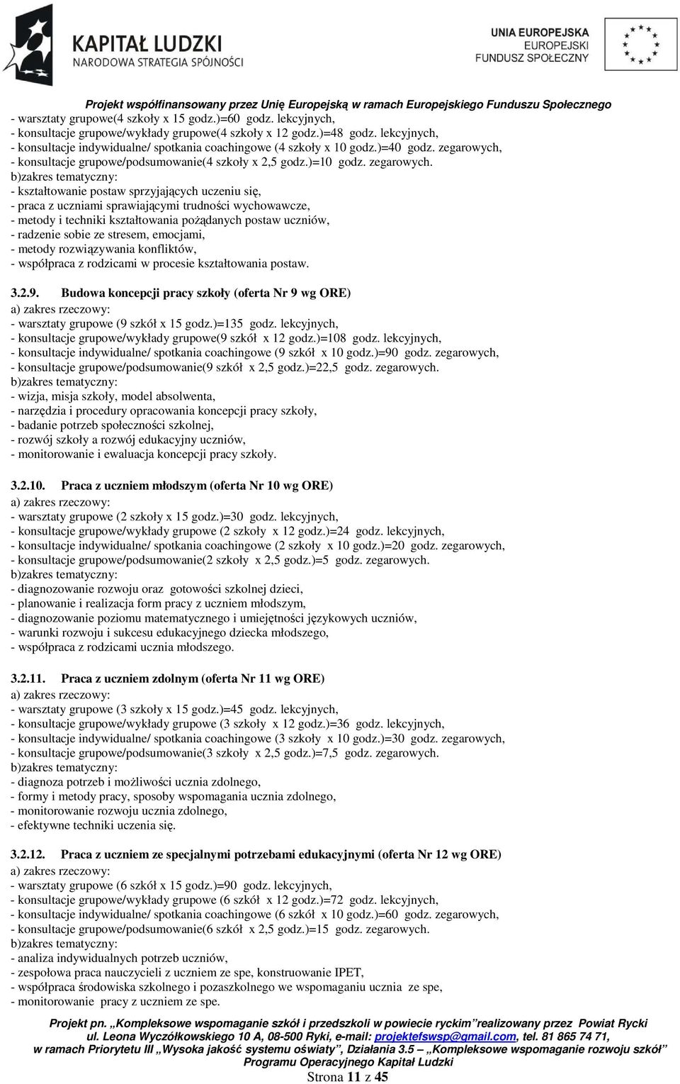 - konsultacje grupowe/podsumowanie(4 szkoły x 2,5 godz.)=10 godz. zegarowych.
