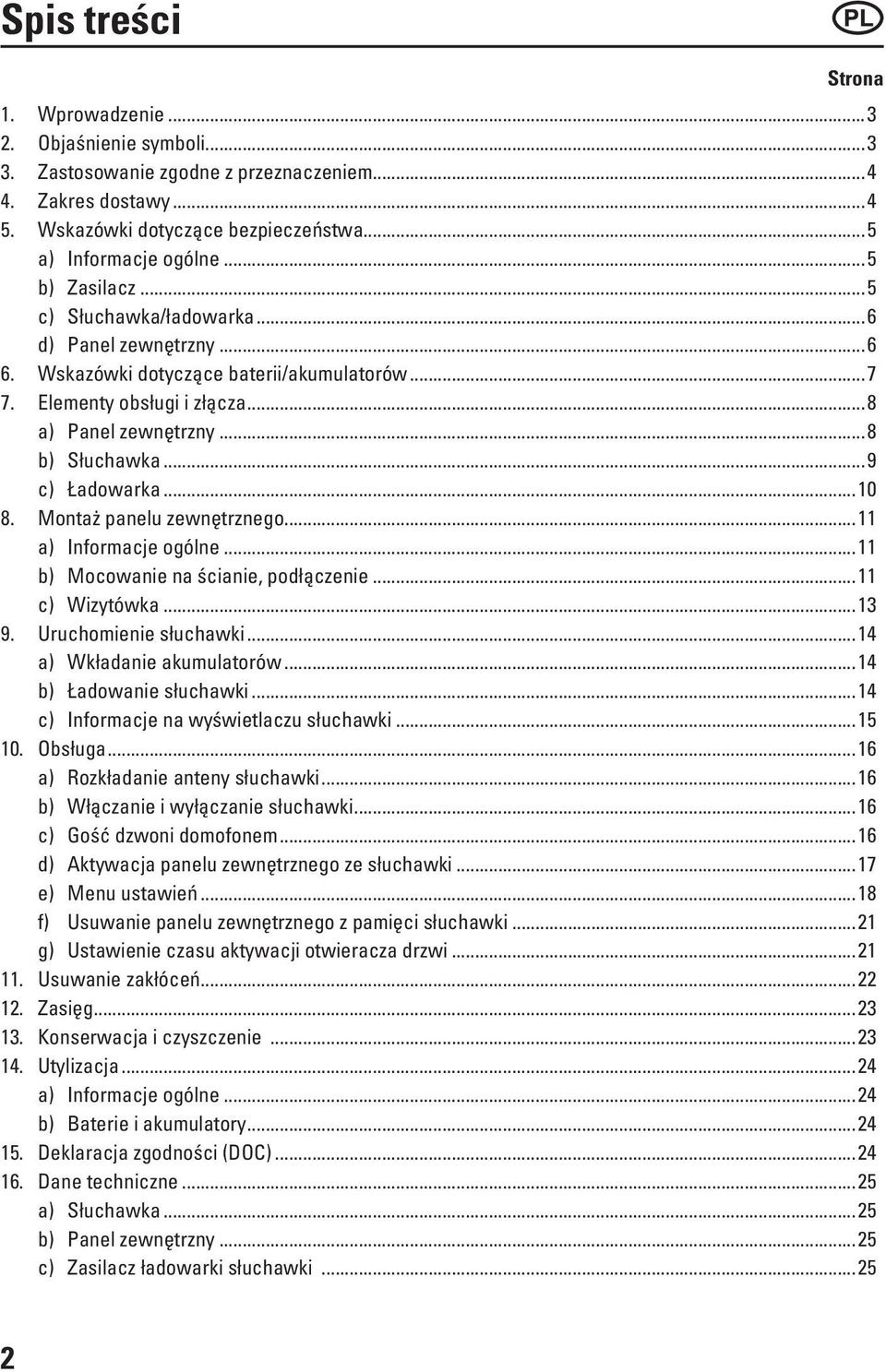 ..9 c) Ładowarka...10 8. Montaż panelu zewnętrznego...11 a) Informacje ogólne...11 b) Mocowanie na ścianie, podłączenie...11 c) Wizytówka...13 9. Uruchomienie słuchawki...14 a) Wkładanie akumulatorów.