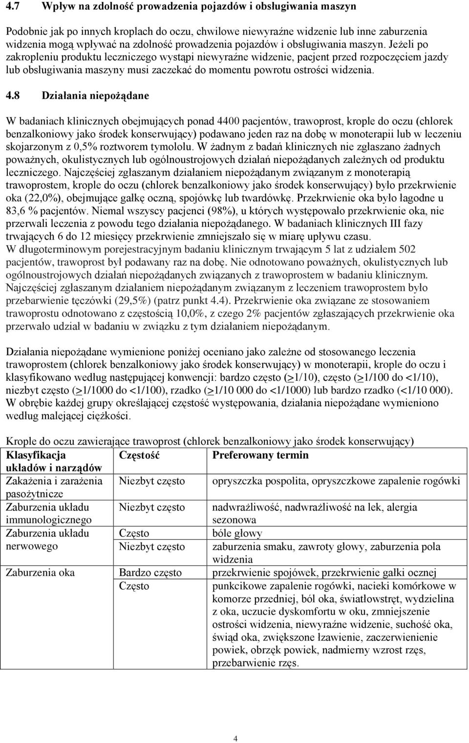 Jeżeli po zakropleniu produktu leczniczego wystąpi niewyraźne widzenie, pacjent przed rozpoczęciem jazdy lub obsługiwania maszyny musi zaczekać do momentu powrotu ostrości widzenia. 4.