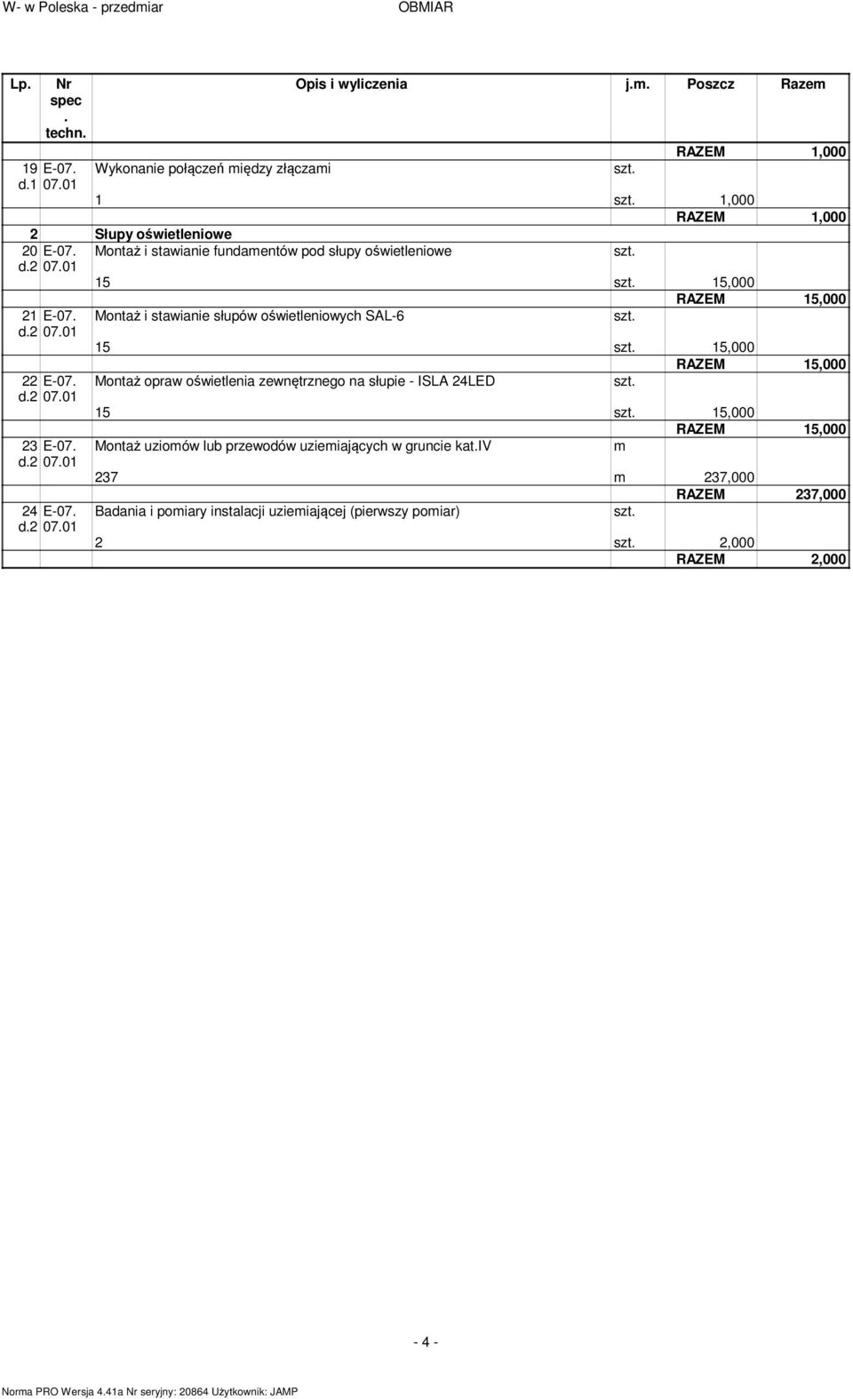 d.2 07.01 Montaż i stawianie słupów oświetleniowych SAL-6 szt. RAZEM 15,000 15 szt. 15,000 RAZEM 15,000 Montaż opraw oświetlenia zewnętrznego na słupie - ISLA 24LED szt. 15 szt. 15,000 RAZEM 15,000 Montaż uziomów lub przewodów uziemiających w gruncie kat.