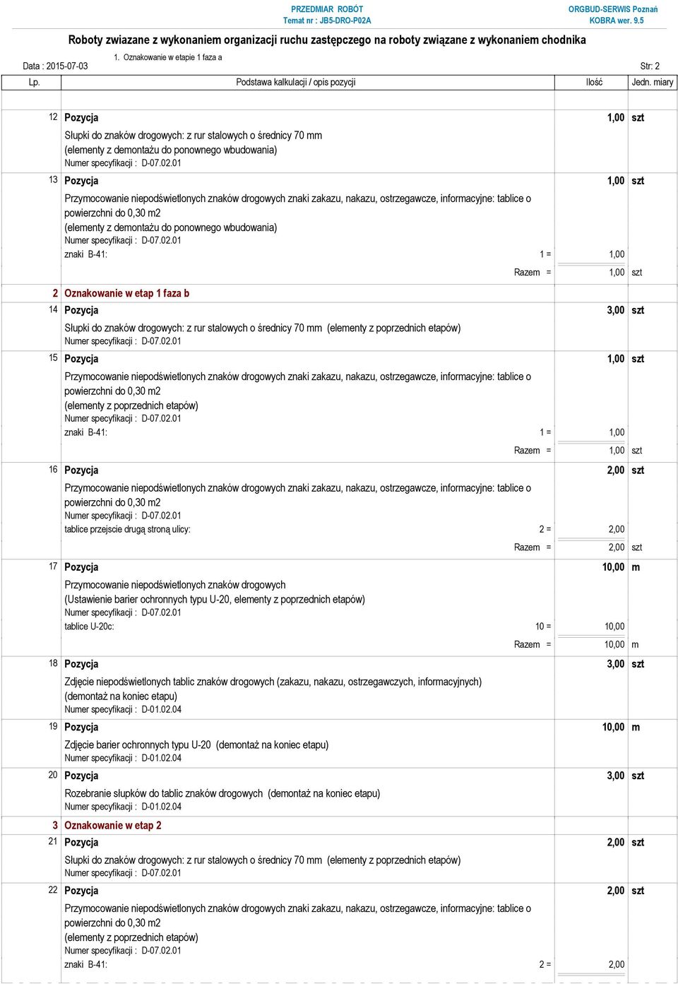 szt (elementy z demontażu do ponownego wbudowania) znaki B-41: 1 = 1,00 2 Oznakowanie w etap 1 faza b Razem = 1,00 szt 14 Pozycja 3,00 szt Słupki do znaków drogowych: z rur stalowych o średnicy 70 mm