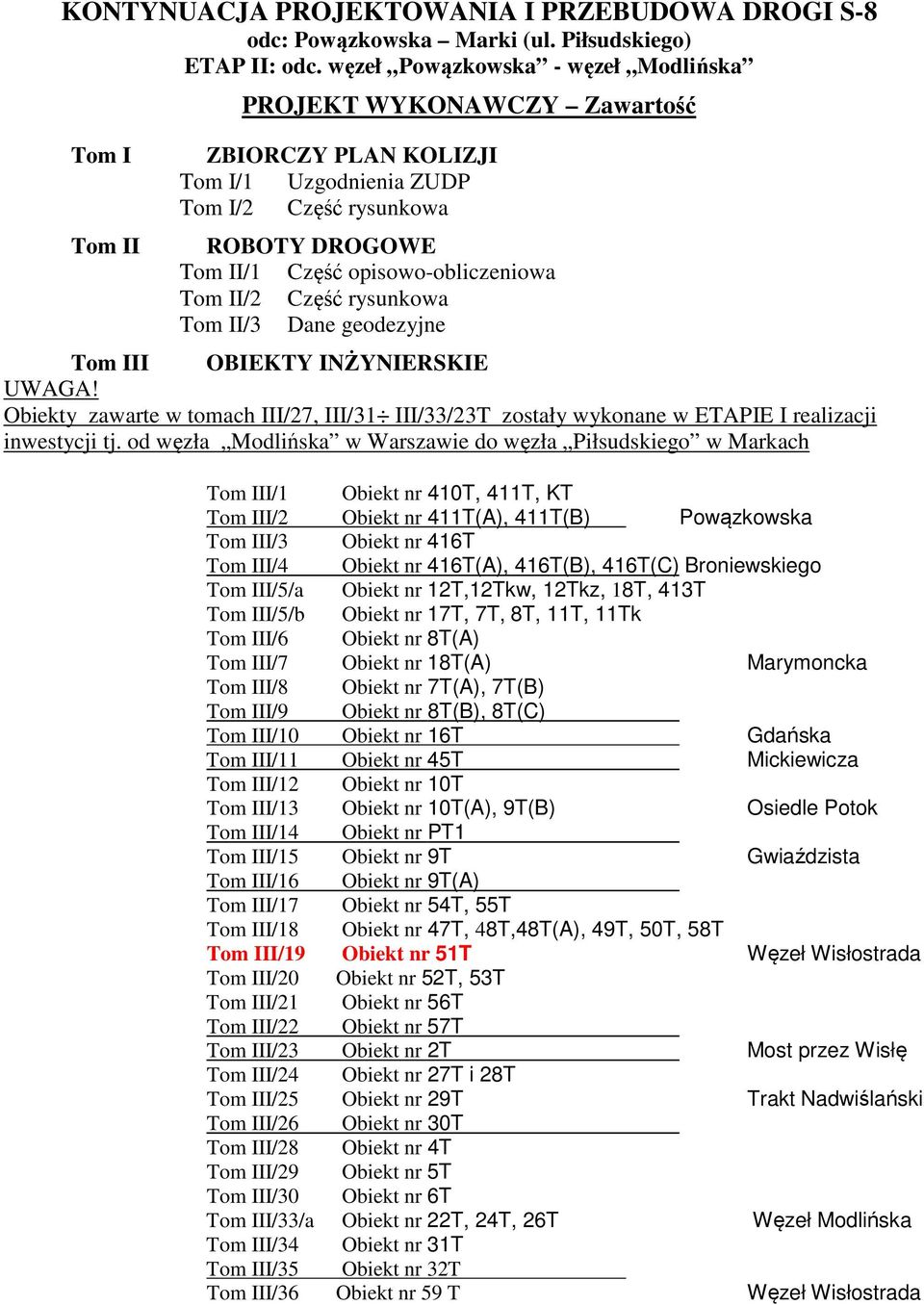 Tom II/2 Część rysunkowa Tom II/3 Dane geodezyjne Tom III OBIEKTY INŻYNIERSKIE UWAGA! Obiekty zawarte w tomach III/27, III/31 III/33/23T zostały wykonane w ETAPIE I realizacji inwestycji tj.