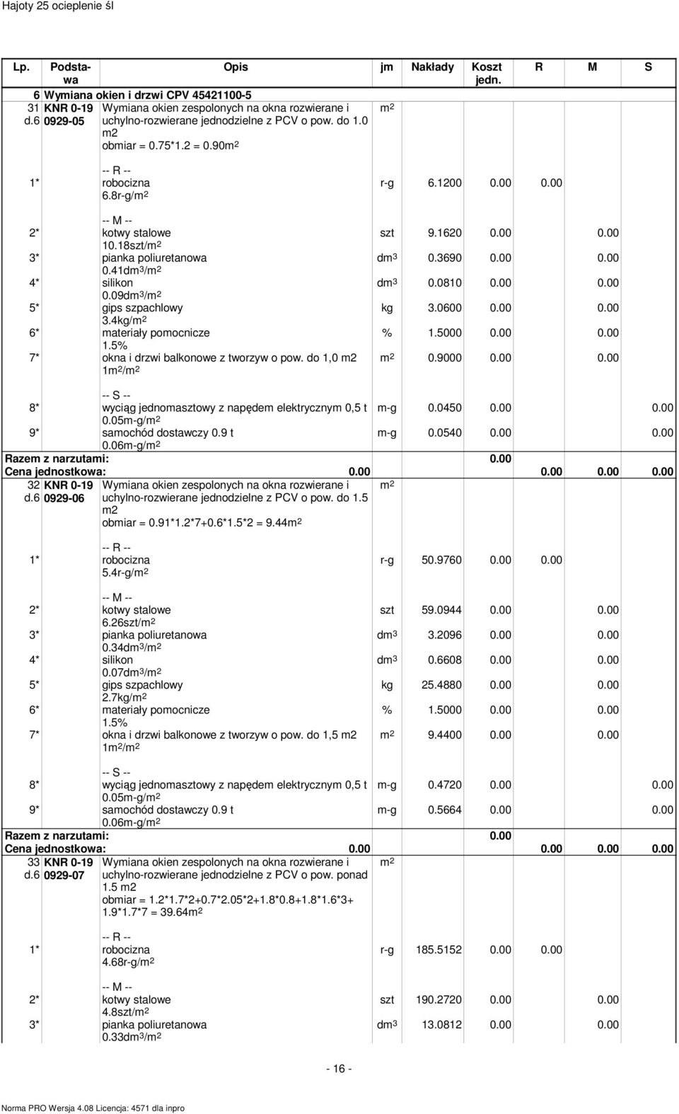 09dm 3 / 5* gips szpachlowy 3.4kg/ 6* materiały pomocnicze 7* okna i drzwi balkonowe z tworzyw o pow. do 1,0 m2 1 / 0.9000 0.00 0.00 m-g 0.0450 0.00 0.00 m-g 0.0540 0.00 0.00 8* wyciąg jednomasztowy z napędem elektrycznym 0,5 t 0.