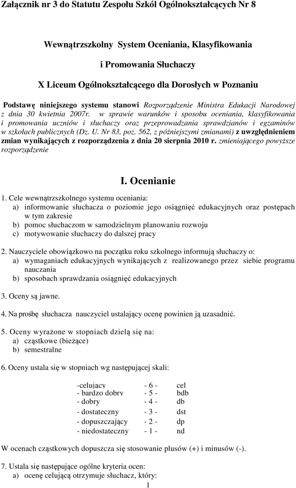 w sprawie warunków i sposobu oceniania, klasyfikowania i promowania uczniów i słuchaczy oraz przeprowadzania sprawdzianów i egzaminów w szkołach publicznych (Dz. U. Nr 83, poz.