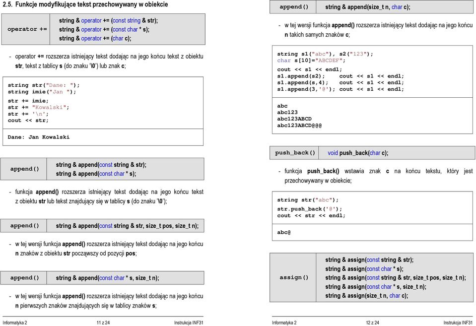 końcu tekst z obiektu str, tekst z tablicy s (do znaku \0 ) lub znak c; string str("dane: "); string imie("jan "); str += imie; str += "Kowalski"; str += '\n'; cout << str; string s1("abc"),