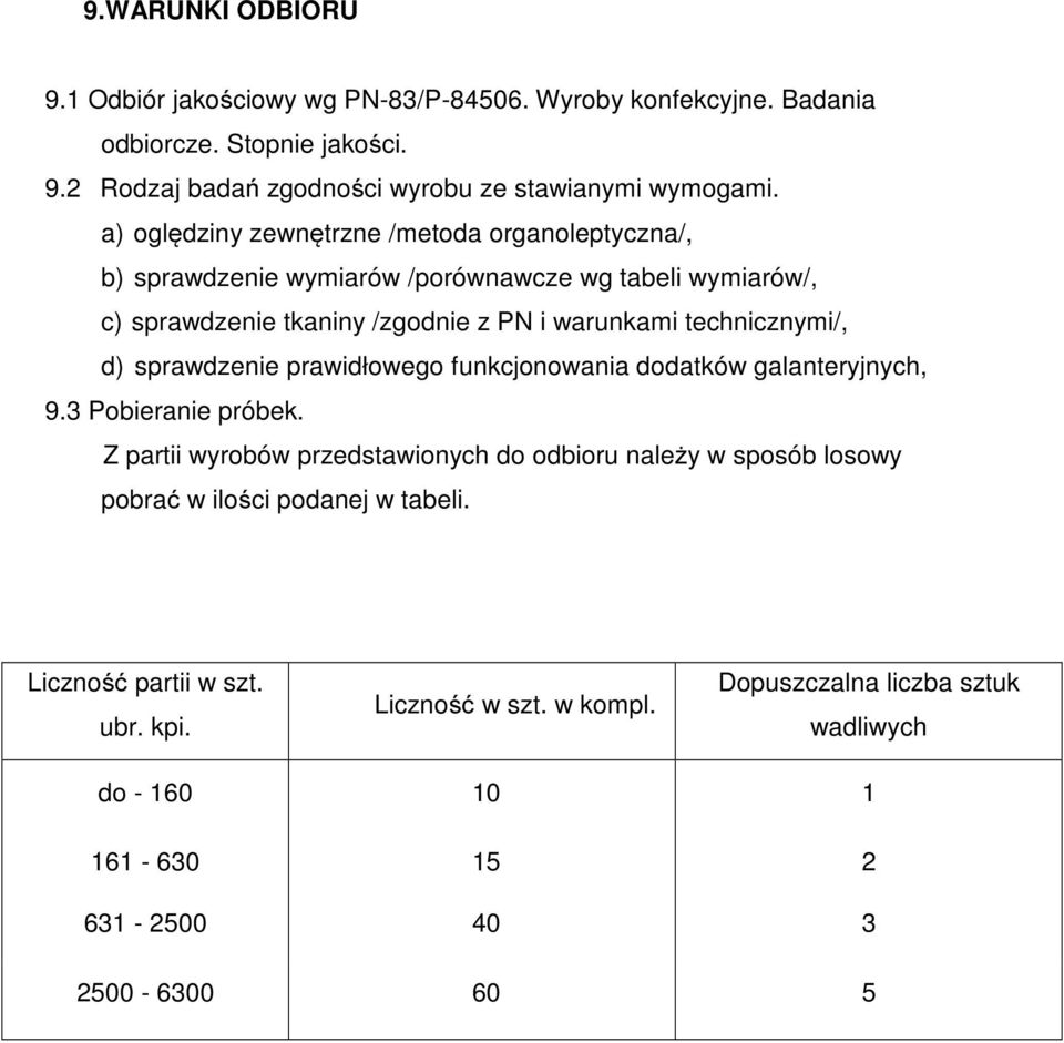 technicznymi/, d) sprawdzenie prawidłowego funkcjonowania dodatków galanteryjnych, 9.3 Pobieranie próbek.