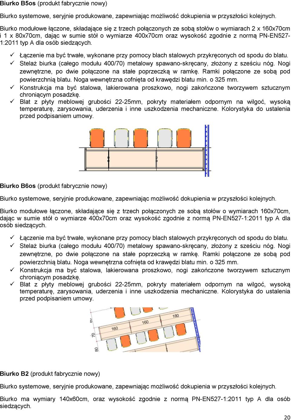 PN-EN527-1:2011 typ A dla osób siedzących. Łączenie ma być trwałe, wykonane przy pomocy blach stalowych przykręconych od spodu do blatu.