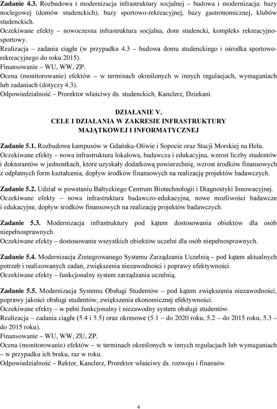 3 budowa domu studenckiego i ośrodka sportoworekreacyjnego do roku 2015). Finansowanie WU, WW, ZP.