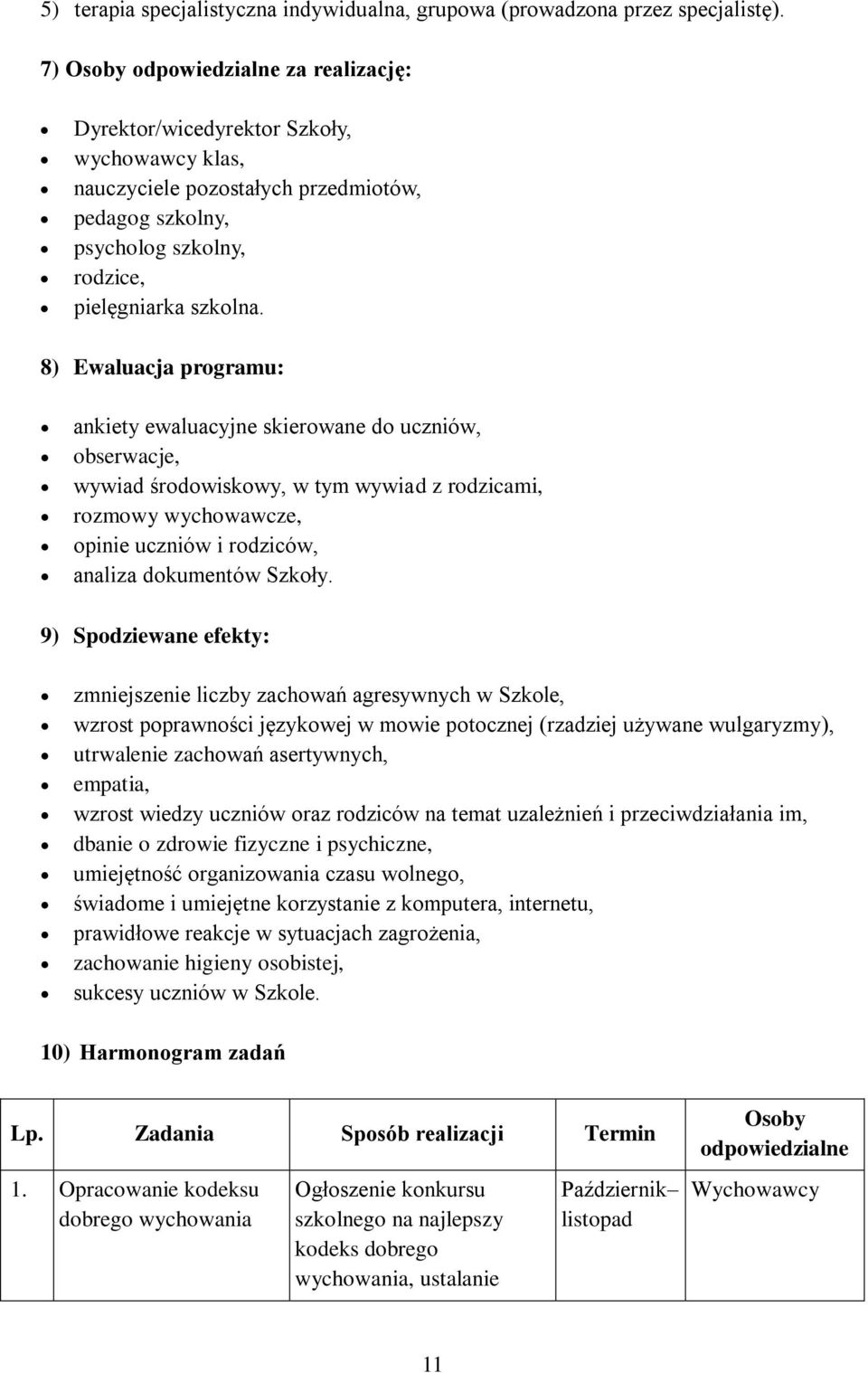 8) Ewaluacja programu: ankiety ewaluacyjne skierowane do uczniów, obserwacje, wywiad środowiskowy, w tym wywiad z rodzicami, rozmowy wychowawcze, opinie uczniów i rodziców, analiza dokumentów Szkoły.