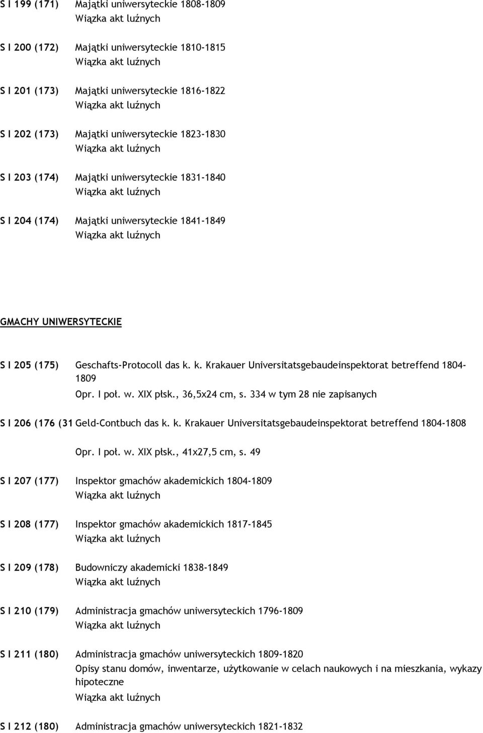 k. Krakauer Universitatsgebaudeinspektorat betreffend 1804-1809 Opr. I poł. w. XIX płsk., 36,5x24 cm, s. 334 w tym 28 nie zapisanych S I 206 (176 (315)) Geld-Contbuch das k.