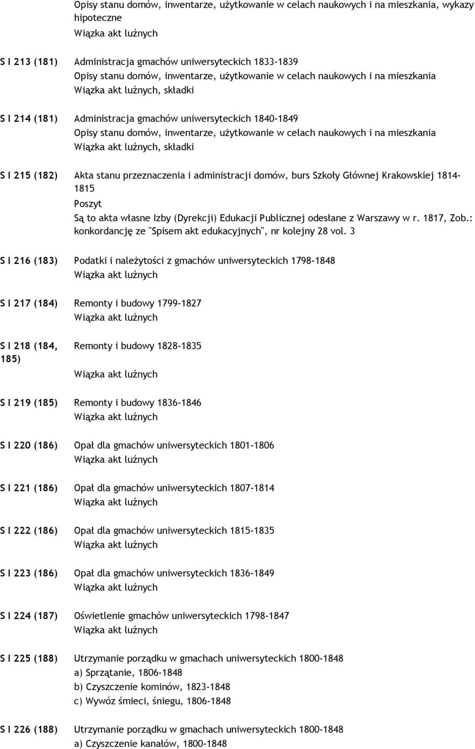 składki S I 215 (182) Akta stanu przeznaczenia i administracji domów, burs Szkoły Głównej Krakowskiej 1814-1815 Poszyt Są to akta własne Izby (Dyrekcji) Edukacji Publicznej odesłane z Warszawy w r.
