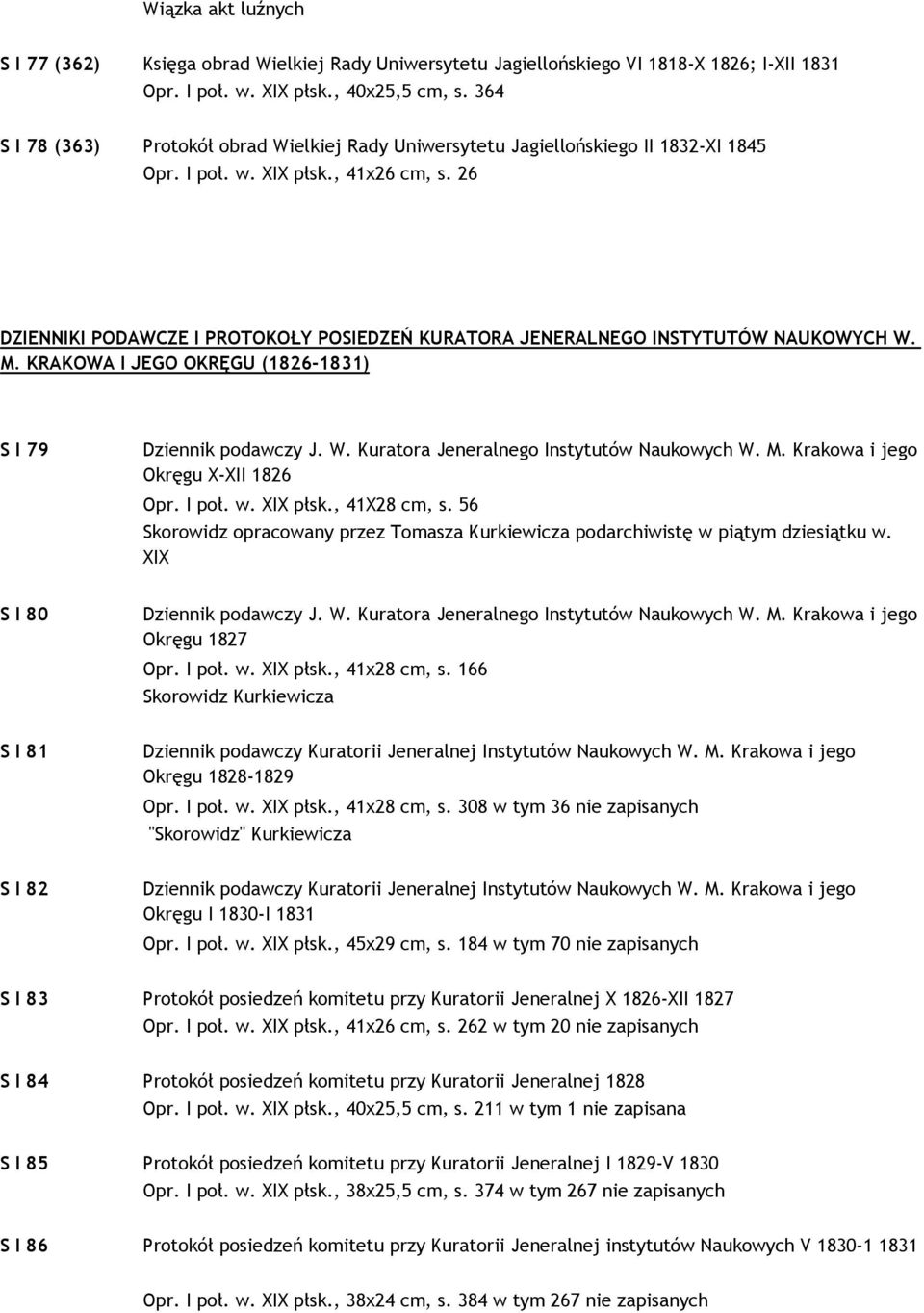 26 DZIENNIKI PODAWCZE I PROTOKOŁY POSIEDZEŃ KURATORA JENERALNEGO INSTYTUTÓW NAUKOWYCH W. M. KRAKOWA I JEGO OKRĘGU (1826-1831) S I 79 Dziennik podawczy J. W. Kuratora Jeneralnego Instytutów Naukowych W.