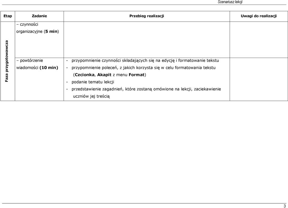 przypomnienie poleceń, z jakich korzysta się w celu formatowania tekstu (Czcionka, Akapit z menu Format) -