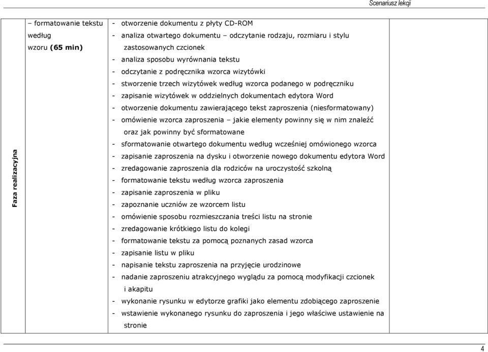 otworzenie dokumentu zawierającego tekst zaproszenia (niesformatowany) - omówienie wzorca zaproszenia jakie elementy powinny się w nim znaleźć oraz jak powinny być sformatowane - sformatowanie