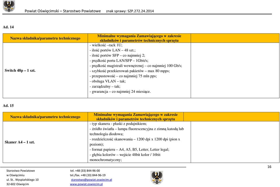 mpps; - przepustowość co najmniej 75 mln pps; - obsługa VLAN tak; - zarządzalny tak; - gwarancja co najmniej 24 miesiące. Ad. 15 Skaner A4 1 szt.