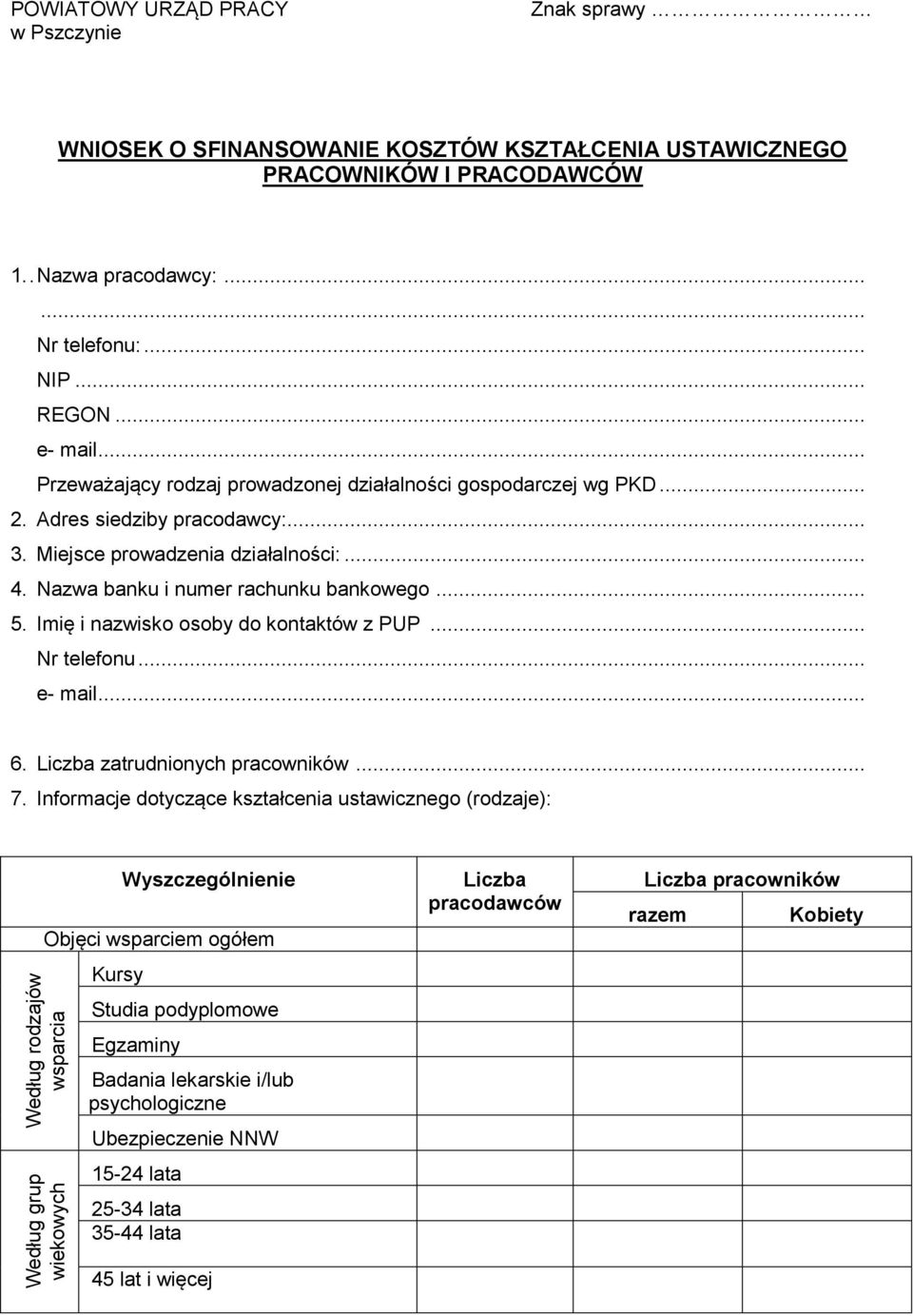 Nazwa banku i numer rachunku bankowego... 5. Imię i nazwisko osoby do kontów z PUP... Nr telefonu... e- mail... 6. Liczba zatrudnionych pracowników... 7.