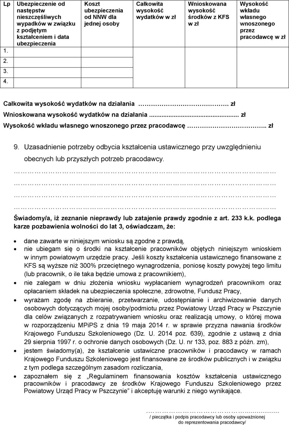 .. zł Wysokość wkładu własnego wnoszonego przez pracodawcę.. zł 9. Uzasad potrzeby odbycia kształcenia ustawicznego przy uwzględniu obecnych lub przyszłych potrzeb pracodawcy.