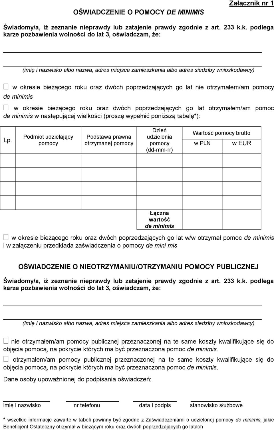 k. podlega karze pozbawienia wolności do lat 3, oświadczam, że: (imię i nazwisko albo nazwa, adres miejsca zamieszkania albo adres siedziby wnioskodawcy) w okresie bieżącego roku oraz dwóch
