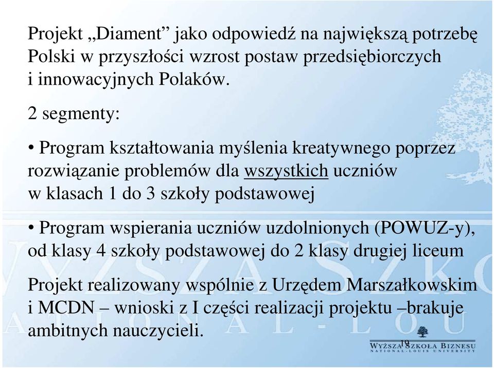 2 segmenty: Program kształtowania myślenia kreatywnego poprzez rozwiązanie problemów dla wszystkich uczniów w klasach 1 do 3