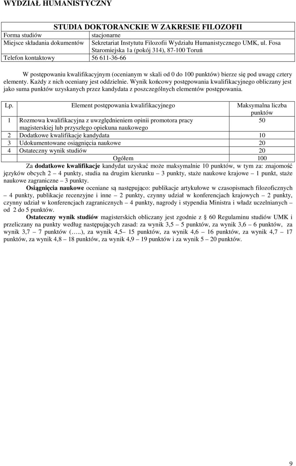 Każdy z nich oceniany jest oddzielnie. Wynik końcowy postępowania kwalifikacyjnego obliczany jest jako suma uzyskanych przez kandydata z poszczególnych elementów postępowania.