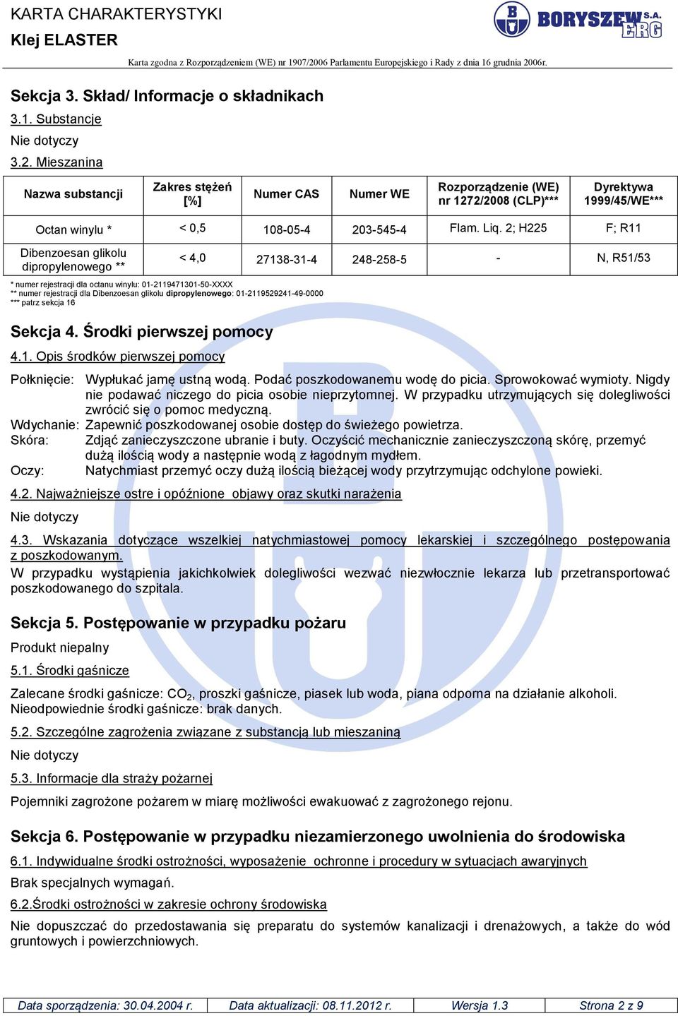 2; H225 F; R11 Dibenzoesan glikolu dipropylenowego ** < 4,0 27138-31-4 248-258-5 - N, R51/53 * numer rejestracji dla octanu winylu: 01-2119471301-50-XXXX ** numer rejestracji dla Dibenzoesan glikolu