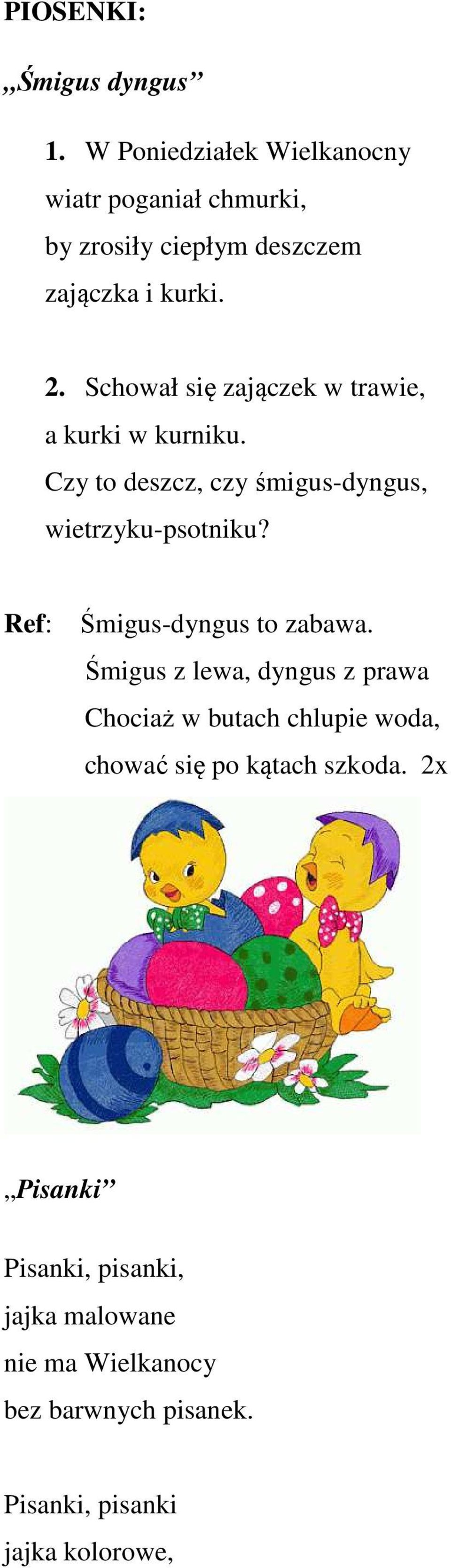 Schował się zajączek w trawie, a kurki w kurniku. Czy to deszcz, czy śmigus-dyngus, wietrzyku-psotniku?