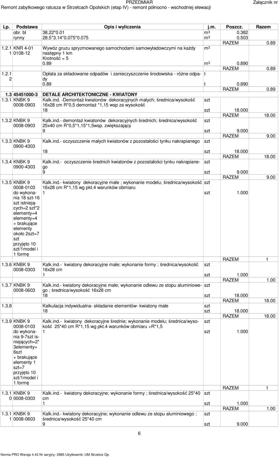 89 Opłata za składowanie odpadów i zanieczyszczenie środowiska - różne odpady t 0.89 t 0.890 RAZEM 0.89 1.3 45451000-3 DETALE ARCHITEKTONICZNE - KWIATONY 1.3.1 KNBK 9 Kalk.ind.