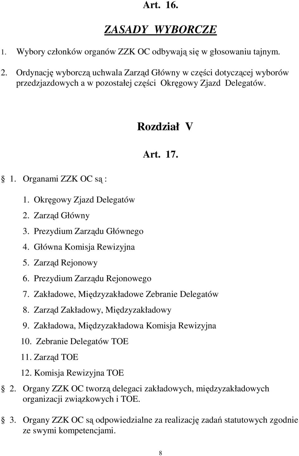 Zarząd Główny 3. Prezydium Zarządu Głównego 4. Główna Komisja Rewizyjna 5. Zarząd Rejonowy 6. Prezydium Zarządu Rejonowego Rozdział V Art. 17. 7. Zakładowe, Międzyzakładowe Zebranie Delegatów 8.