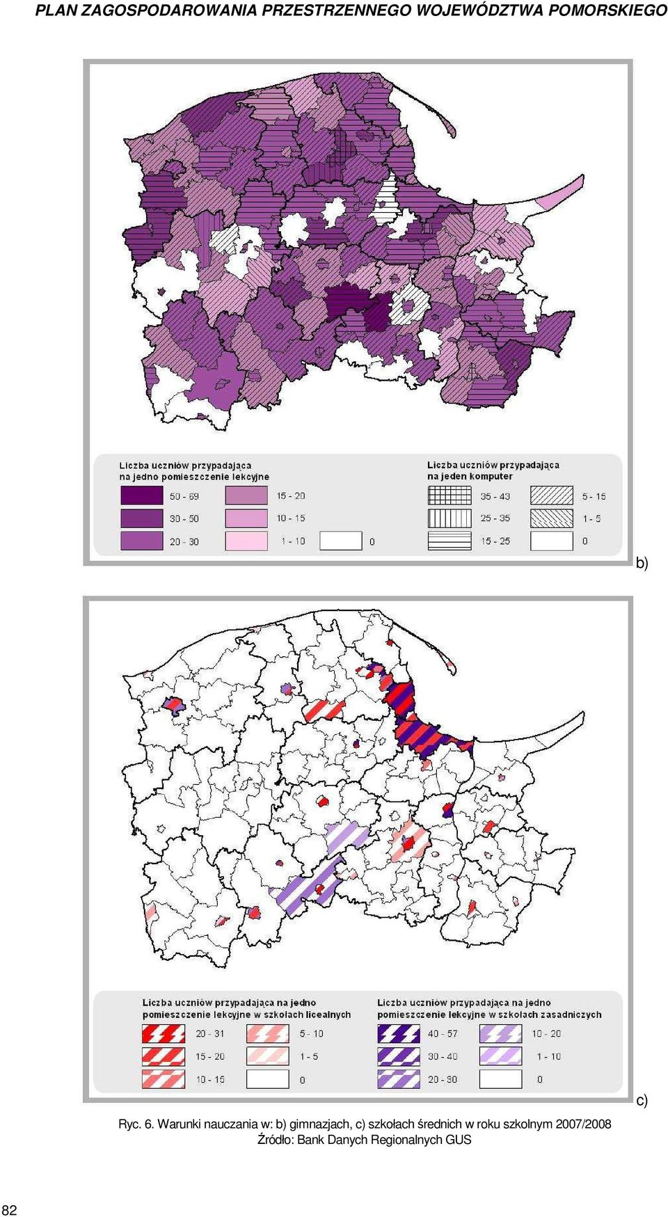 Warunki nauczania w: b) gimnazjach, c) szkołach