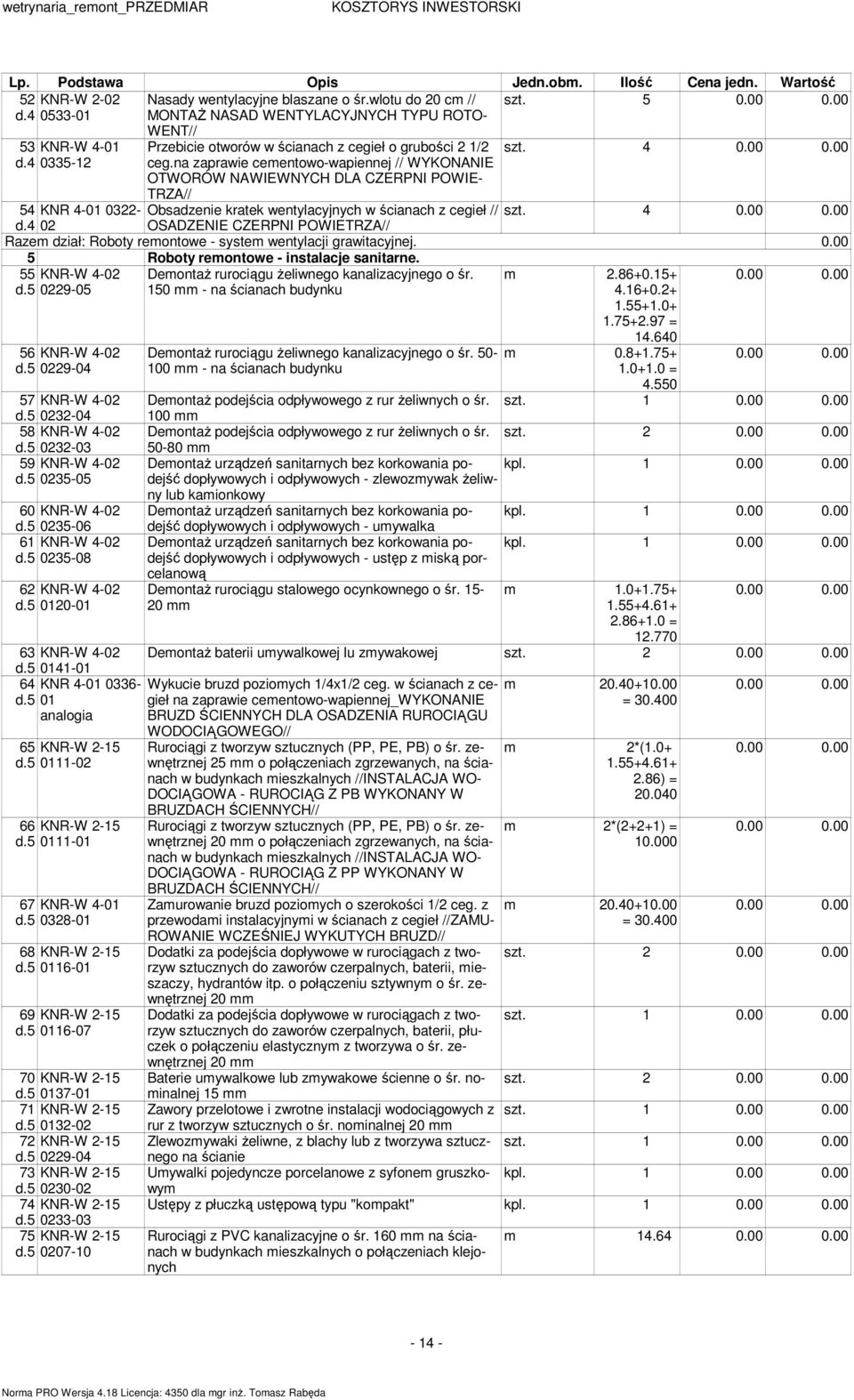na zaprawie ceentowo-wapiennej // WYKONANIE OTWORÓW NAWIEWNYCH DLA CZERPNI POWIE- TRZA// 4 54 KNR 4-01 0322- Obsadzenie kratek wentylacyjnych w ścianach z cegieł // 4 d.