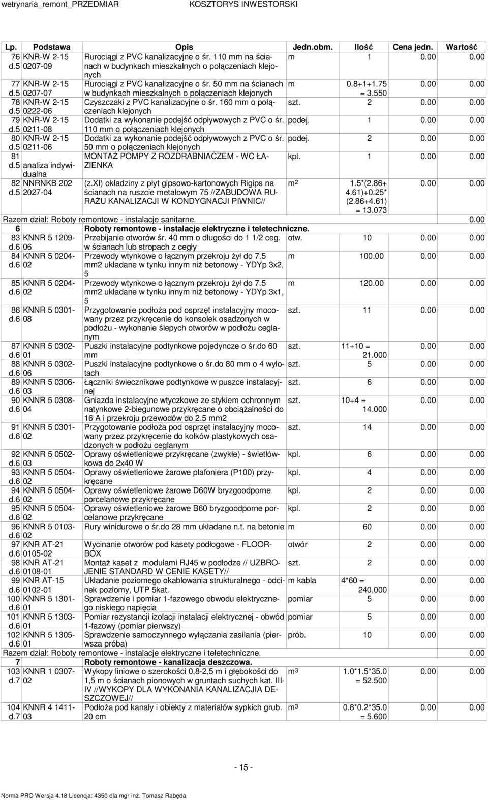 5 0207-07 w budynkach ieszkalnych o połączeniach klejonych = 3.550 78 KNR-W 2-15 Czyszczaki z PVC kanalizacyjne o śr. 160 o połączeniach 2 d.