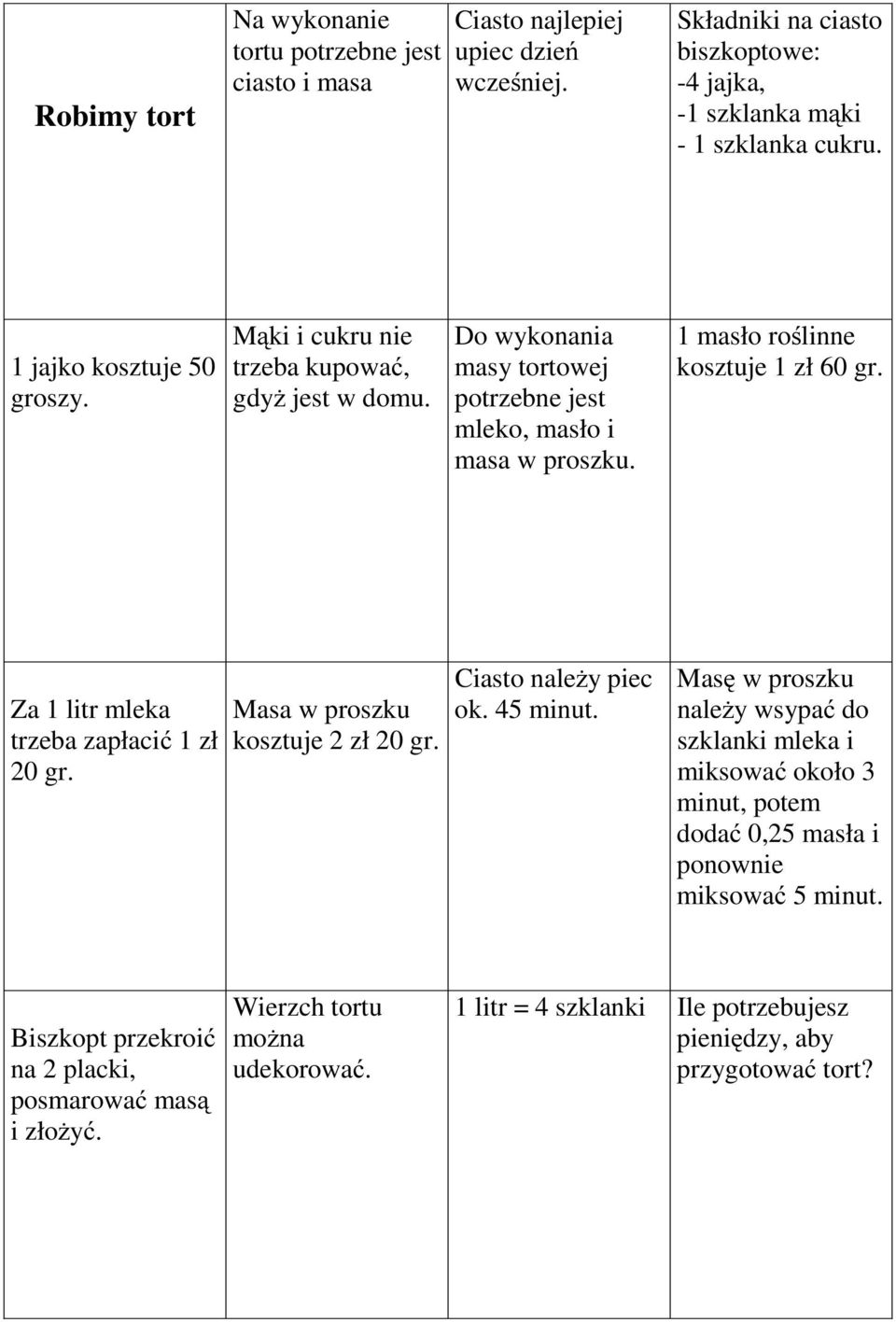 Za 1 litr mleka trzeba zapłacić 1 zł 20 gr. Masa w proszku kosztuje 2 zł 20 gr. Ciasto należy piec ok. 45 minut.