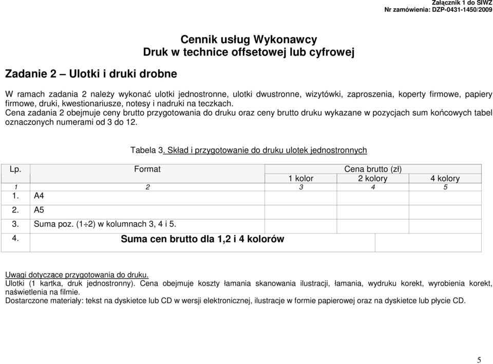 Cena zadania 2 obejmuje ceny brutto przygotowania do druku oraz ceny brutto druku wykazane w pozycjach sum końcowych tabel oznaczonych numerami od 3 do 12. Tabela 3.