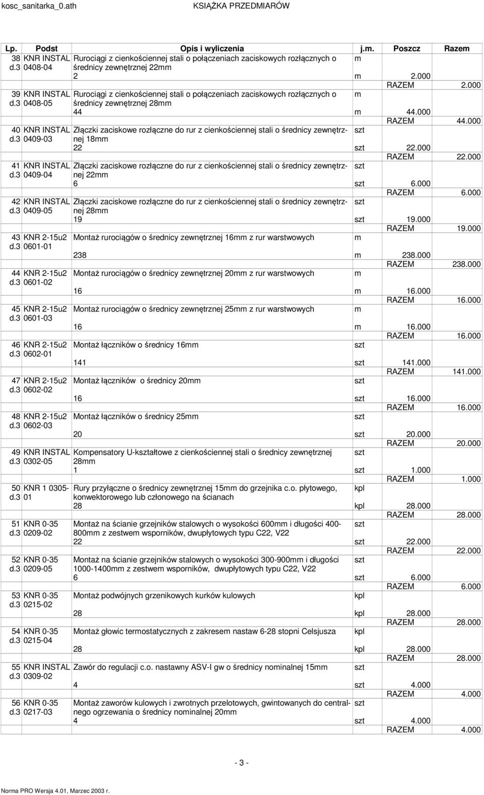 000 40 KNR INSTAL Złączki zaciskowe rozłączne do rur z cienkościennej stali o średnicy zewnętrznej d.3 0409-03 18 22 22.