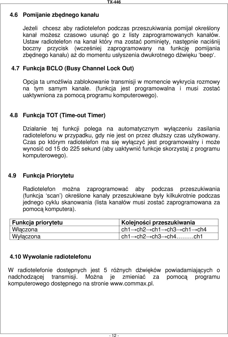 beep. 4.7 Funkcja BCLO (Busy Channel Lock Out) Opcja ta umoŝliwia zablokowanie transmisji w momencie wykrycia rozmowy na tym samym kanale.