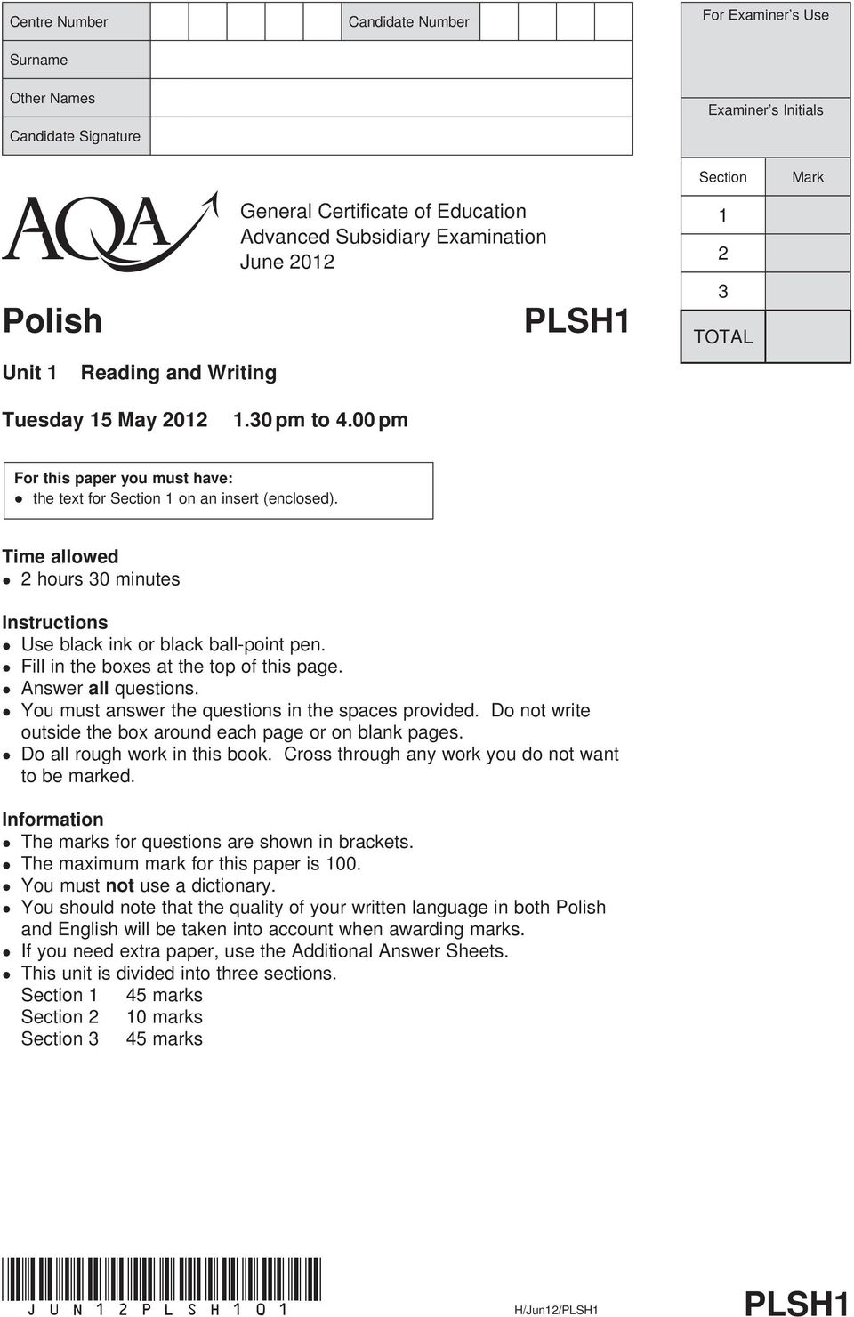 Time allowed 2 hours 30 minutes Instructions Use black ink or black ball-point pen. Fill in the es at the top of this page. Answer all questions. You must answer the questions in the spaces provided.
