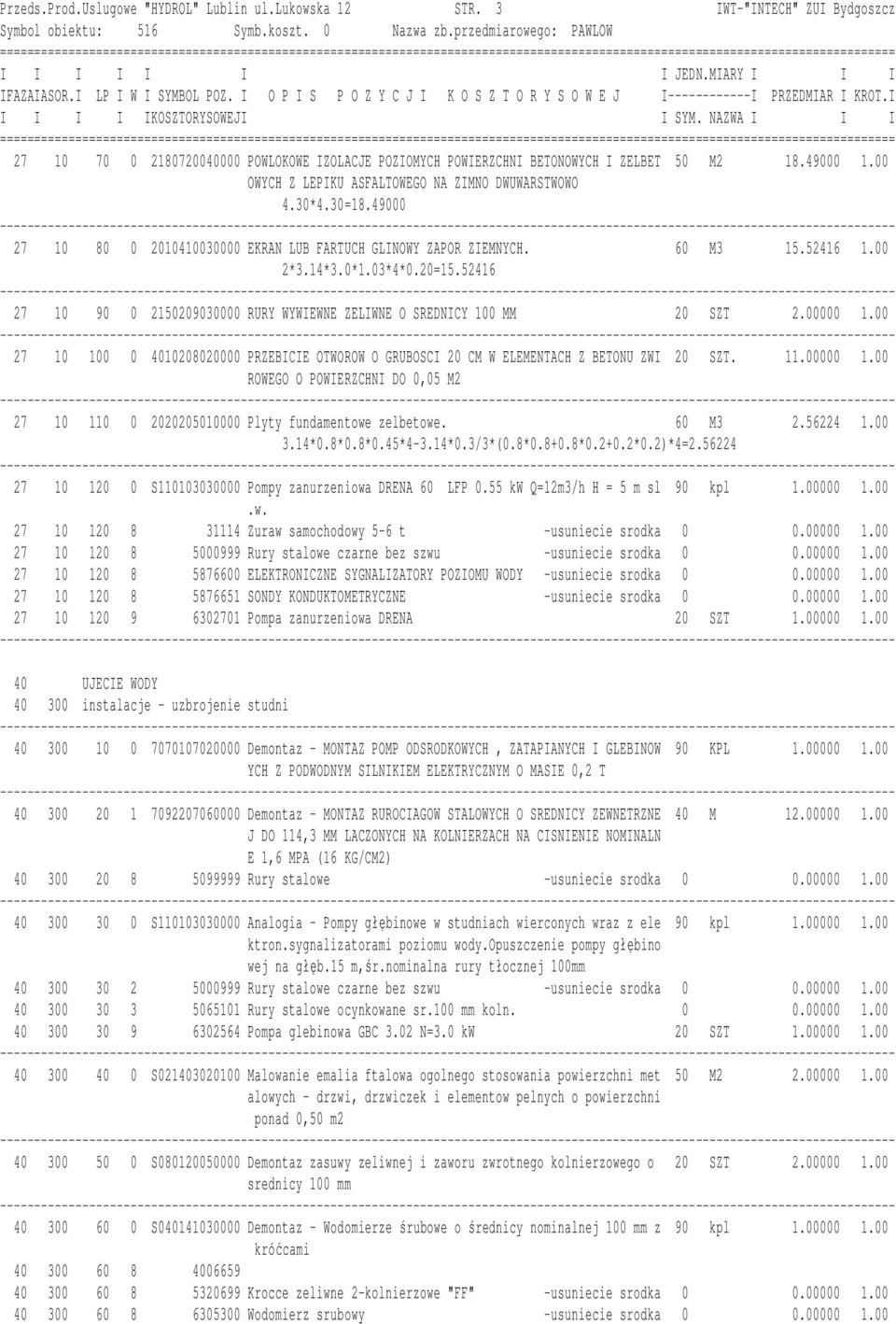 52416 27 10 90 0 2150209030000 RURY WYWIEWNE ZELIWNE O SREDNICY 100 MM 20 SZT 2.00000 1.00 27 10 100 0 4010208020000 PRZEBICIE OTWOROW O GRUBOSCI 20 CM W ELEMENTACH Z BETONU ZWI 20 SZT. 11.00000 1.00 ROWEGO O POWIERZCHNI DO 0,05 M2 27 10 110 0 2020205010000 Plyty fundamentowe zelbetowe.