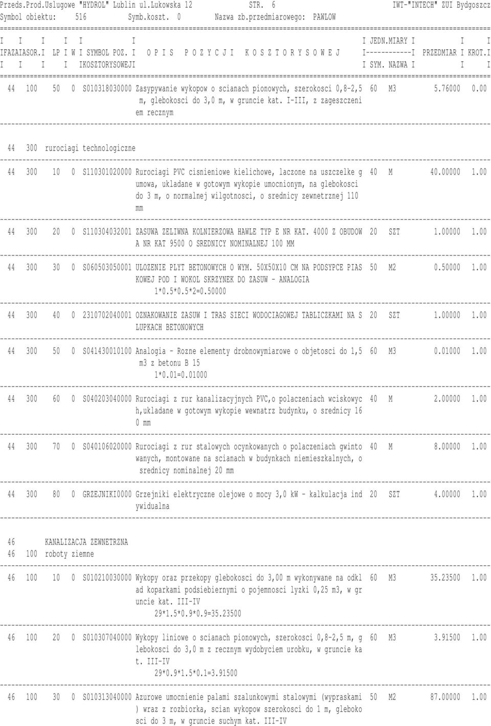I-III, z zageszczeni em recznym 44 300 rurociagi technologiczne 44 300 10 0 S110301020000 Rurociagi PVC cisnieniowe kielichowe, laczone na uszczelke g 40 M 40.00000 1.