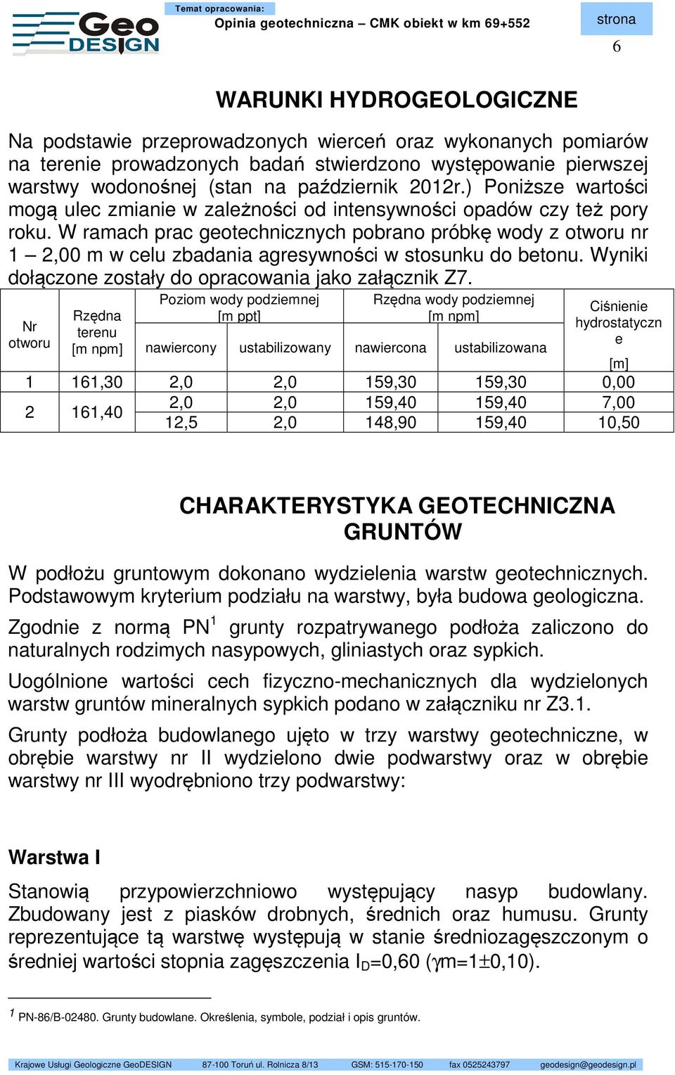 W ramach prac geotechnicznych pobrano próbkę wody z otworu nr 1 2,00 m w celu zbadania agresywności w stosunku do betonu. Wyniki dołączone zostały do opracowania jako załącznik Z7.