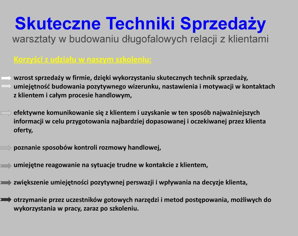 najważniejszych informacji w celu przygotowania najbardziej dopasowanej i oczekiwanej przez klienta oferty, poznanie sposobów kontroli rozmowy handlowej, umiejętne reagowanie na sytuacje trudne w