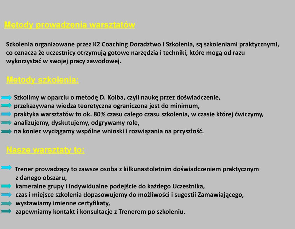 Kolba, czyli naukę przez doświadczenie, przekazywana wiedza teoretyczna ograniczona jest do minimum, praktyka warsztatów to ok.