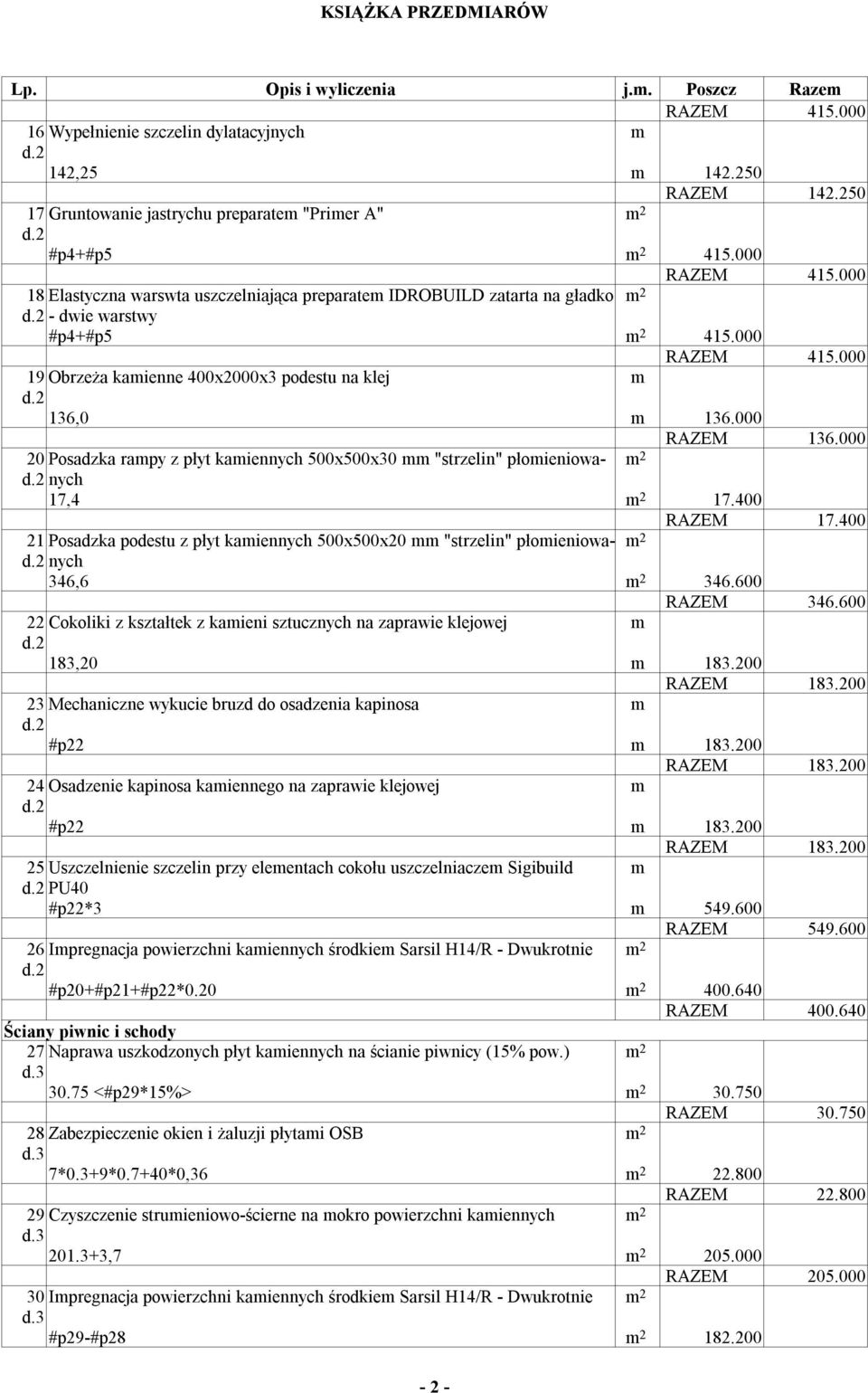 4 21 Posadzka podestu z płyt kaiennych 5x5x2 "strzelin" płoieniowanych 2 346,6 2 346.6 346.6 22 Cokoliki z kształtek z kaieni sztucznych na zaprawie klejowej 183,2 183.