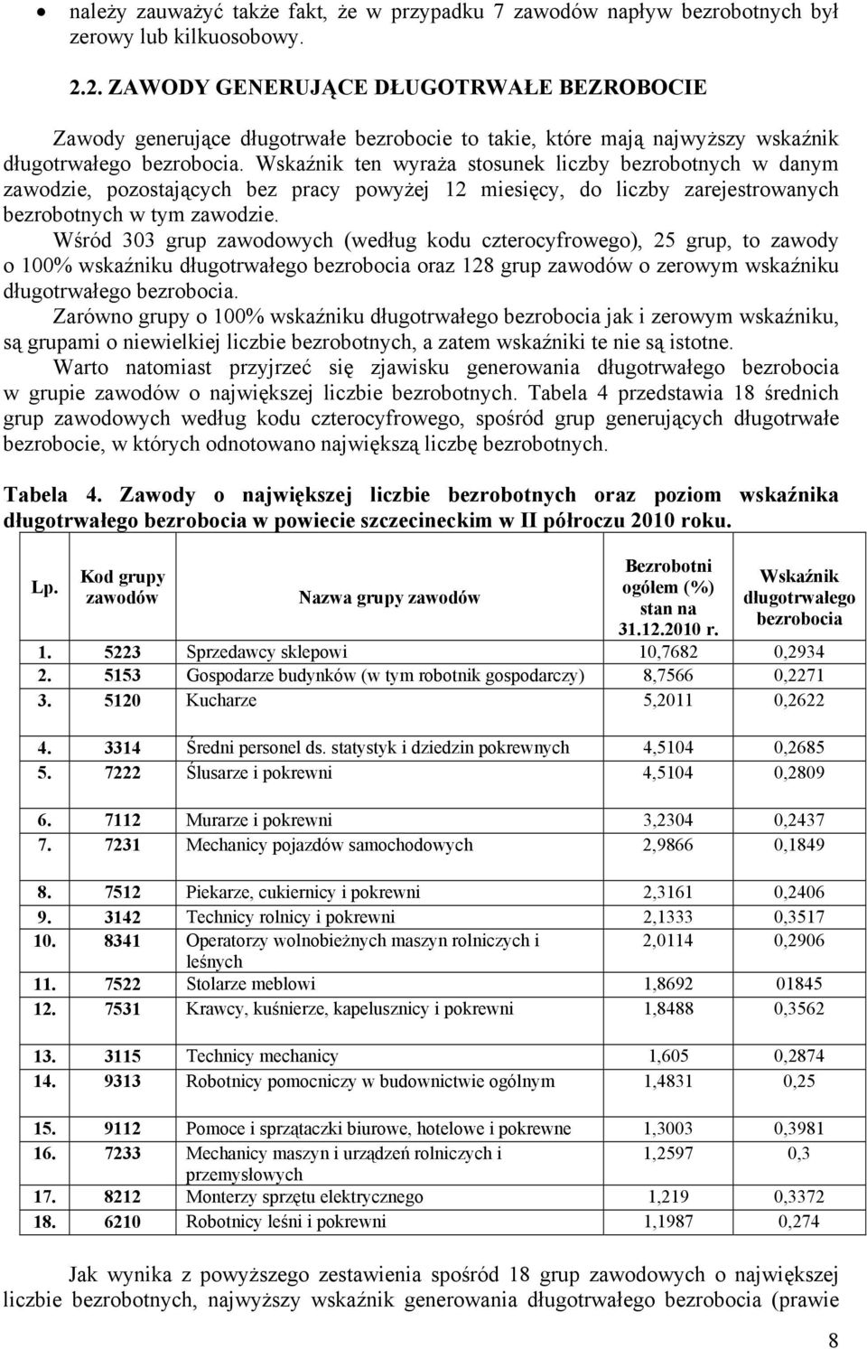 Wskaźnik ten wyraża stosunek liczby bezrobotnych w danym zawodzie, pozostających bez pracy powyżej 12 miesięcy, do liczby zarejestrowanych bezrobotnych w tym zawodzie.