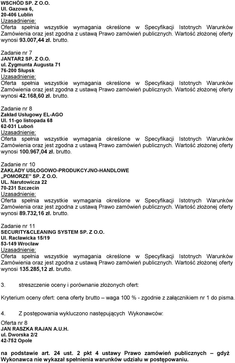 Z O.O. Ul. Racławicka 15/19 53-149 wynosi 135.285,12 zł. brutto. 3.