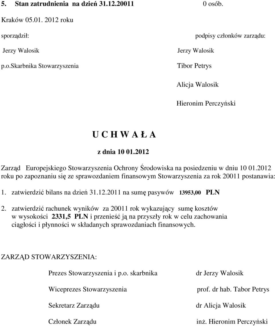 zatwierdzić bilans na dzień 31.12.2011 na sumę pasywów 13953,00 PLN 2.