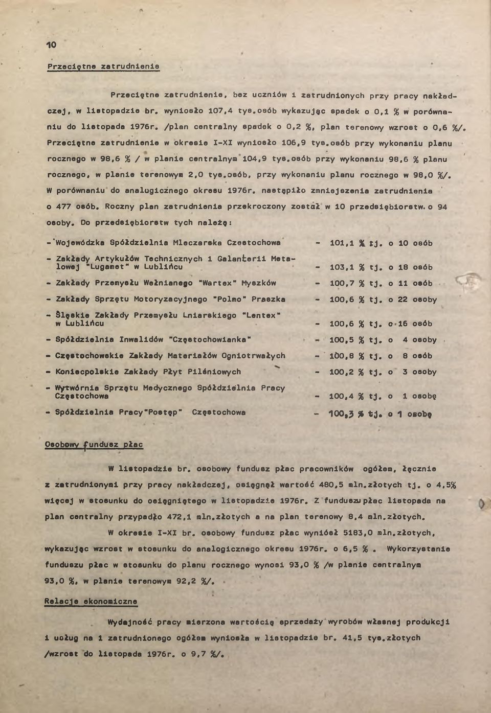 osó przy wykonniu 98,6 % plnu rocznego, w plnie terenowym 2,0 tys.osó, przy wykonniu plnu rocznego w 98,0 %/. W porównniu do nlogicznego okresu 1976r. netępiło zmniejszeni ztrudnieni o 477 osó.