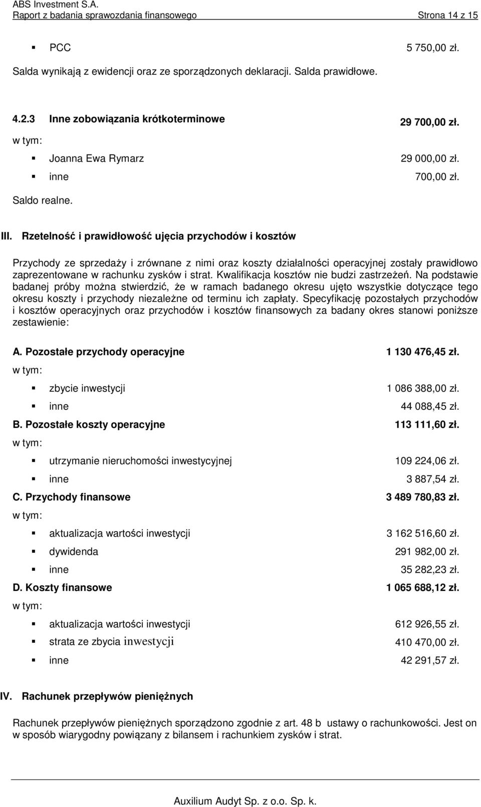 Rzetelność i prawidłowość ujęcia przychodów i kosztów Przychody ze sprzedaży i zrównane z nimi oraz koszty działalności operacyjnej zostały prawidłowo zaprezentowane w rachunku zysków i strat.